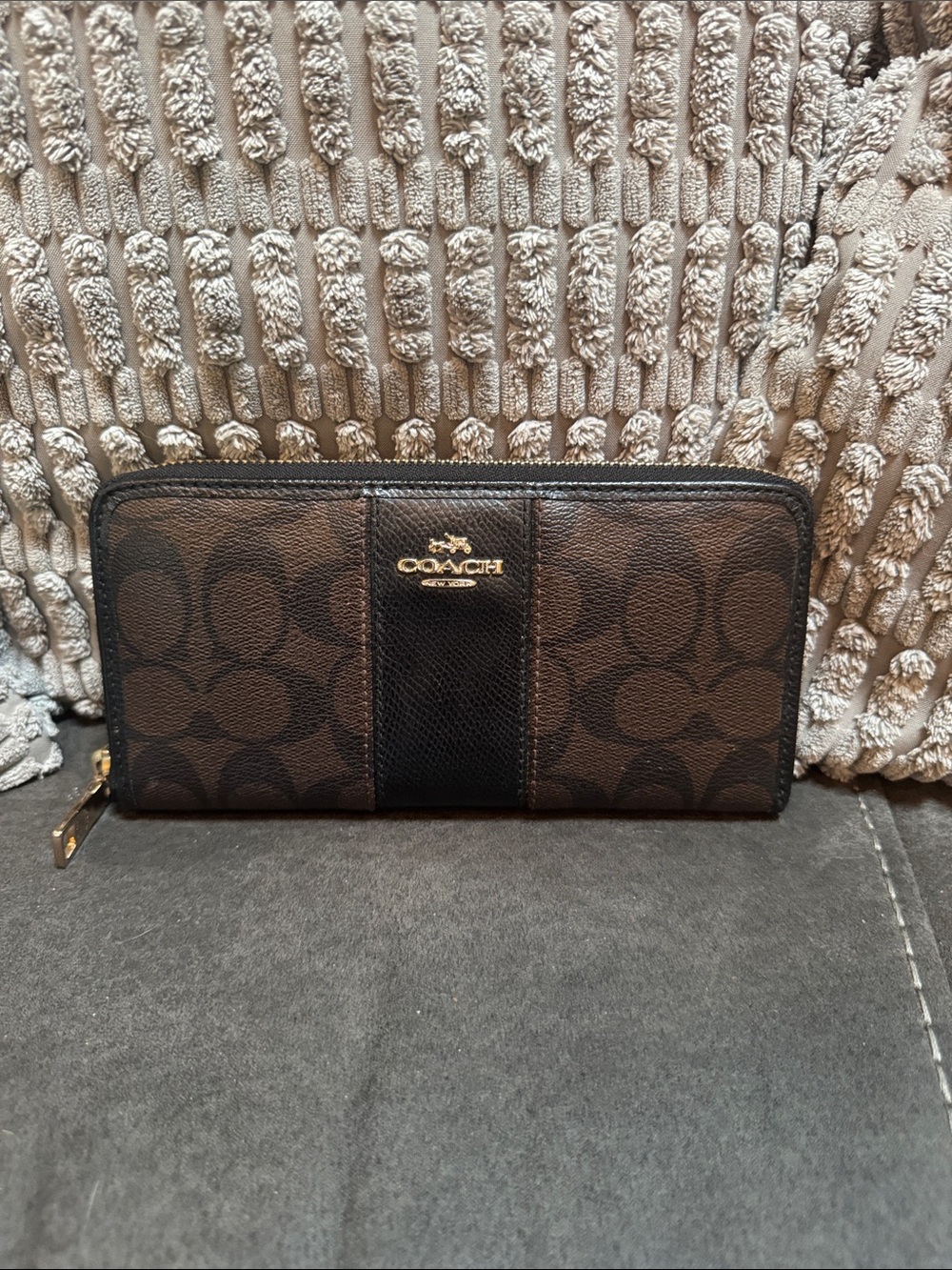 Coach Brown and Black Zip Around Signature Wallet